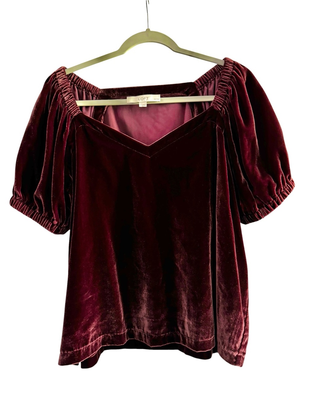 LOFT Petites Burgundy Velvet Puff Sleeve Top Romantic Cottagecore Blouse Size LP - Picture 2 of 10